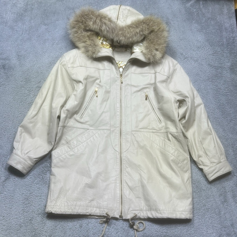 Jacqueline Ferrar Leather Coat Womens S Beige Long Full Zip Hood Coyote Fur Trim